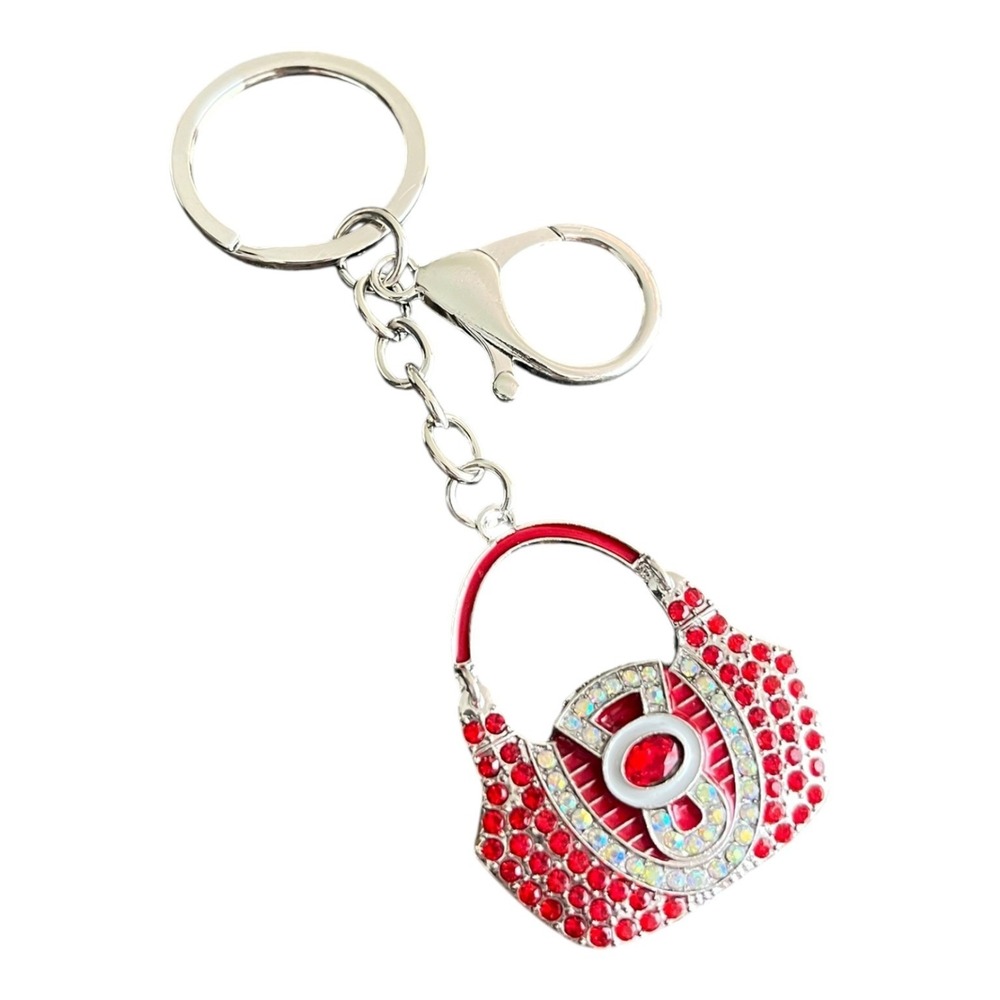 Women's Red Silver Tone 4" Rhinestone Crystal Handbag Purse Charm Key Chain